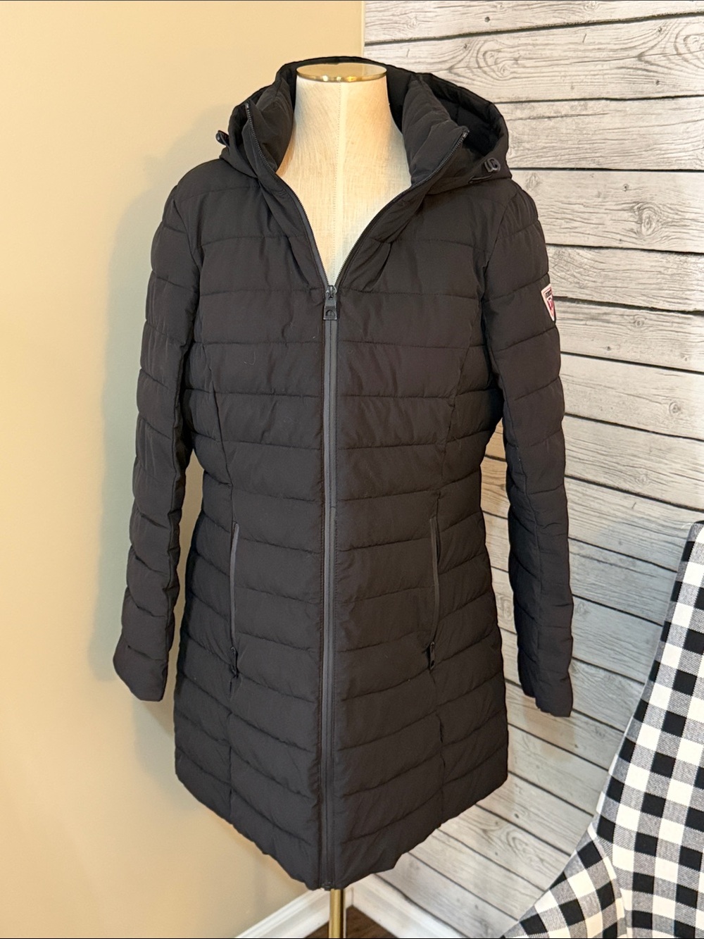 Guess Women's Black Quilted Hooded Coat